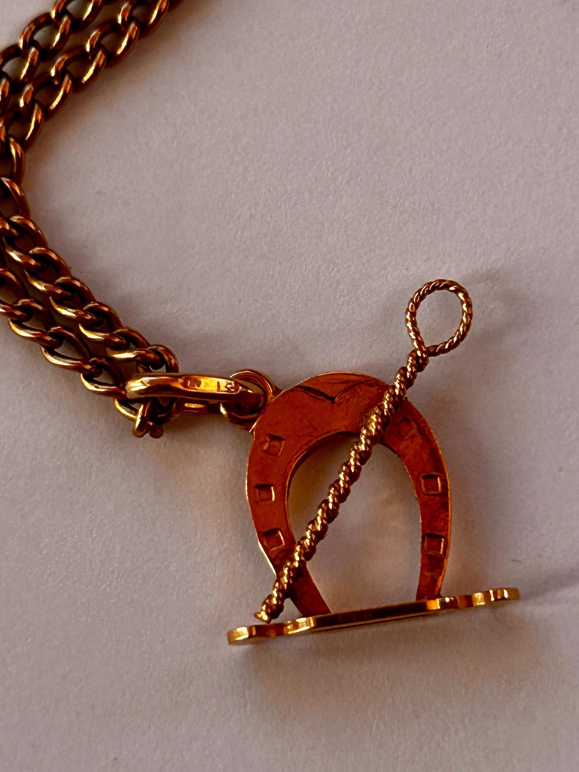 Vintage 18ct Gold Equestrian Charm - Lucky Horseshoe and Whip Pendant