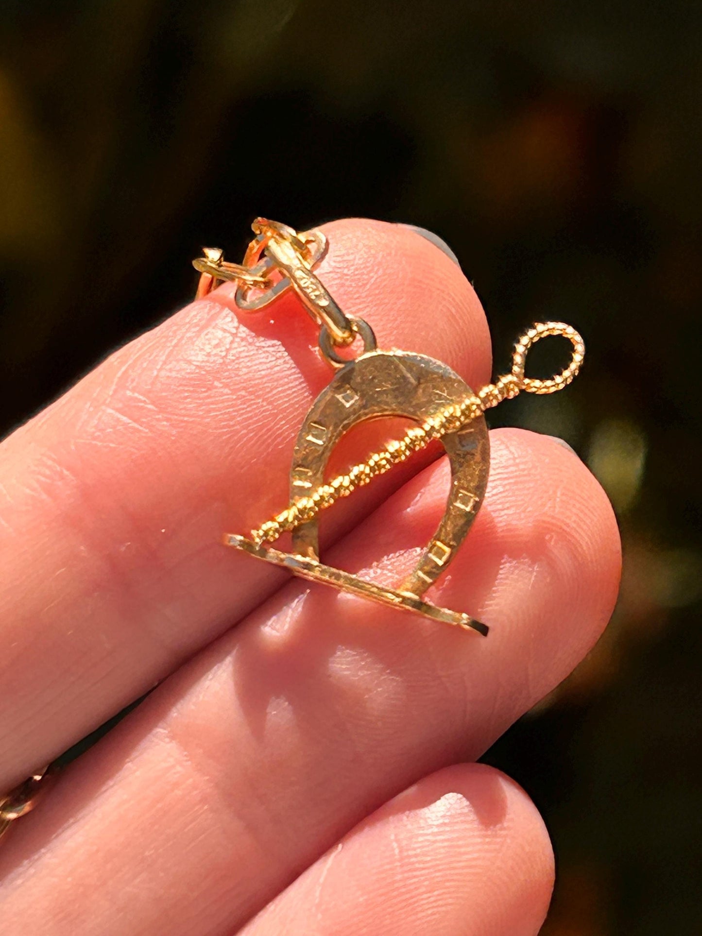 Vintage 18ct Gold Equestrian Charm - Lucky Horseshoe and Whip Pendant