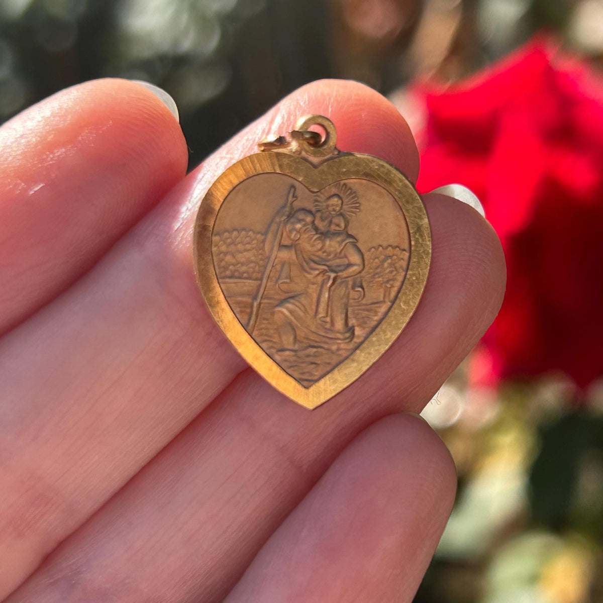 Vintage 9ct Gold St Christopher Heart Pendant Religious Charm