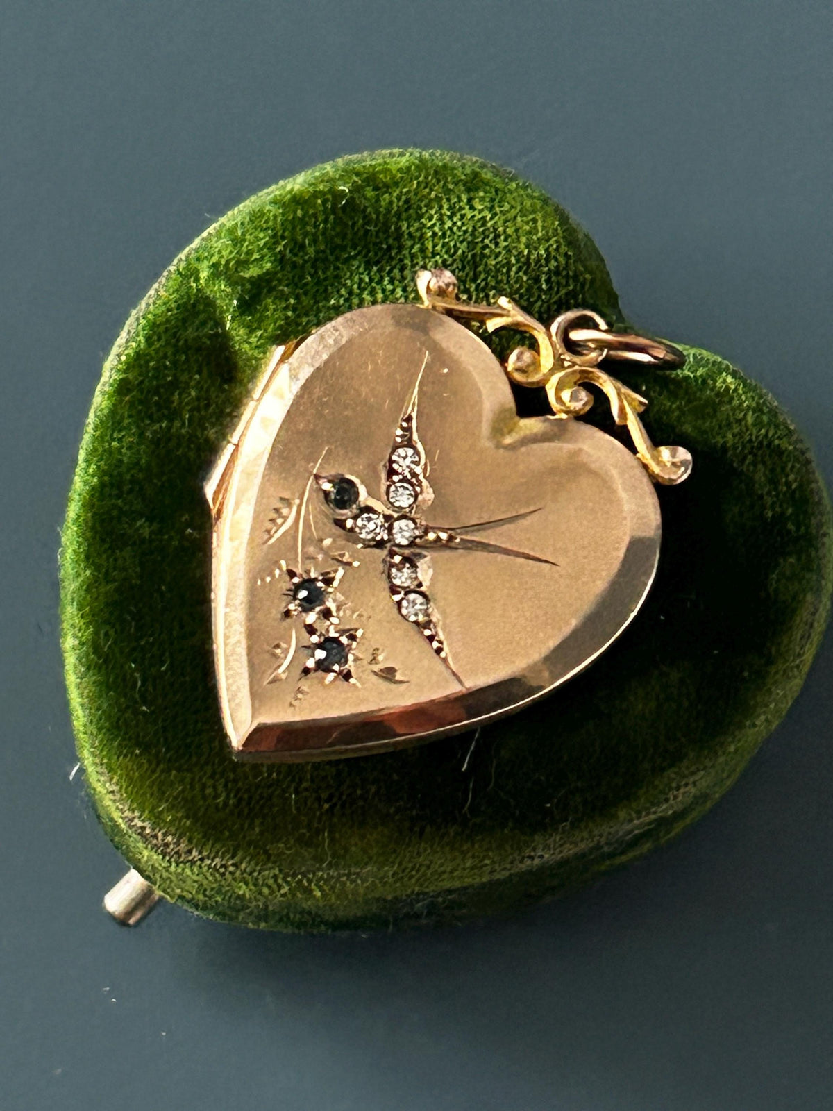 Victorian 9ct Gold Paste Swallow Heart Locket Pendant - Antique Jewelry