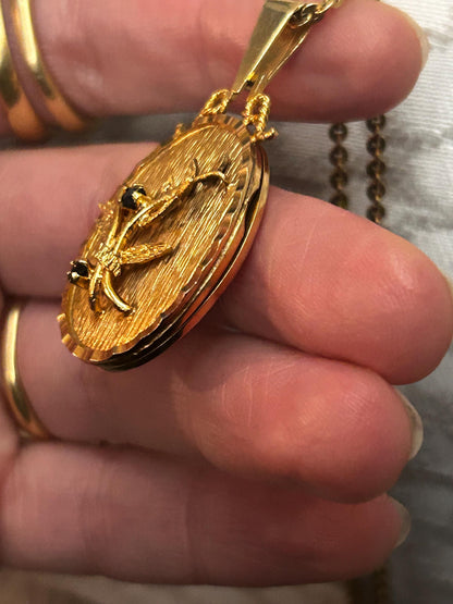Mid-Century 9ct Solid Gold Floral Sapphire Locket Pendant Photo Keepsake
