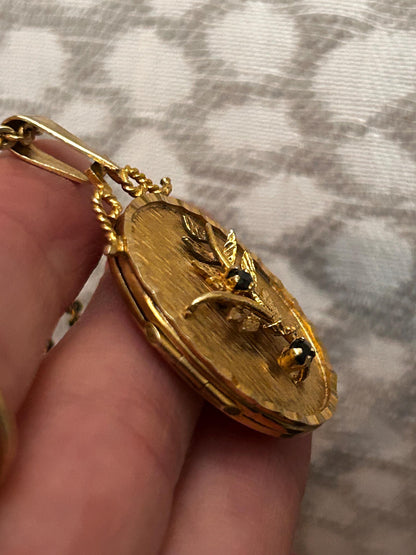 Mid-Century 9ct Solid Gold Floral Sapphire Locket Pendant Photo Keepsake