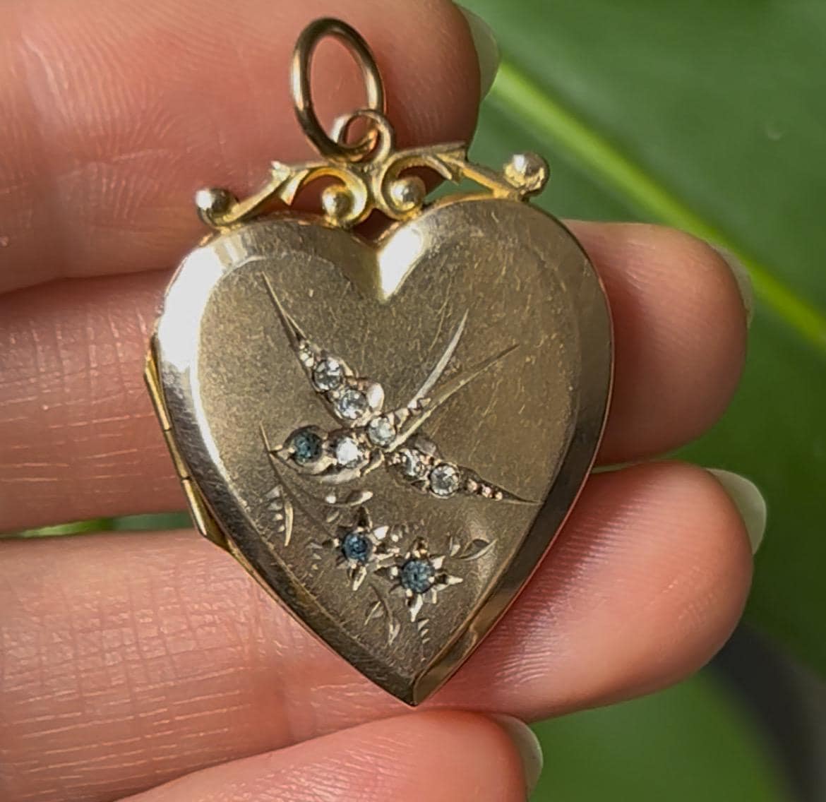 Victorian 9ct Gold Paste Swallow Heart Locket Pendant - Antique Jewelry