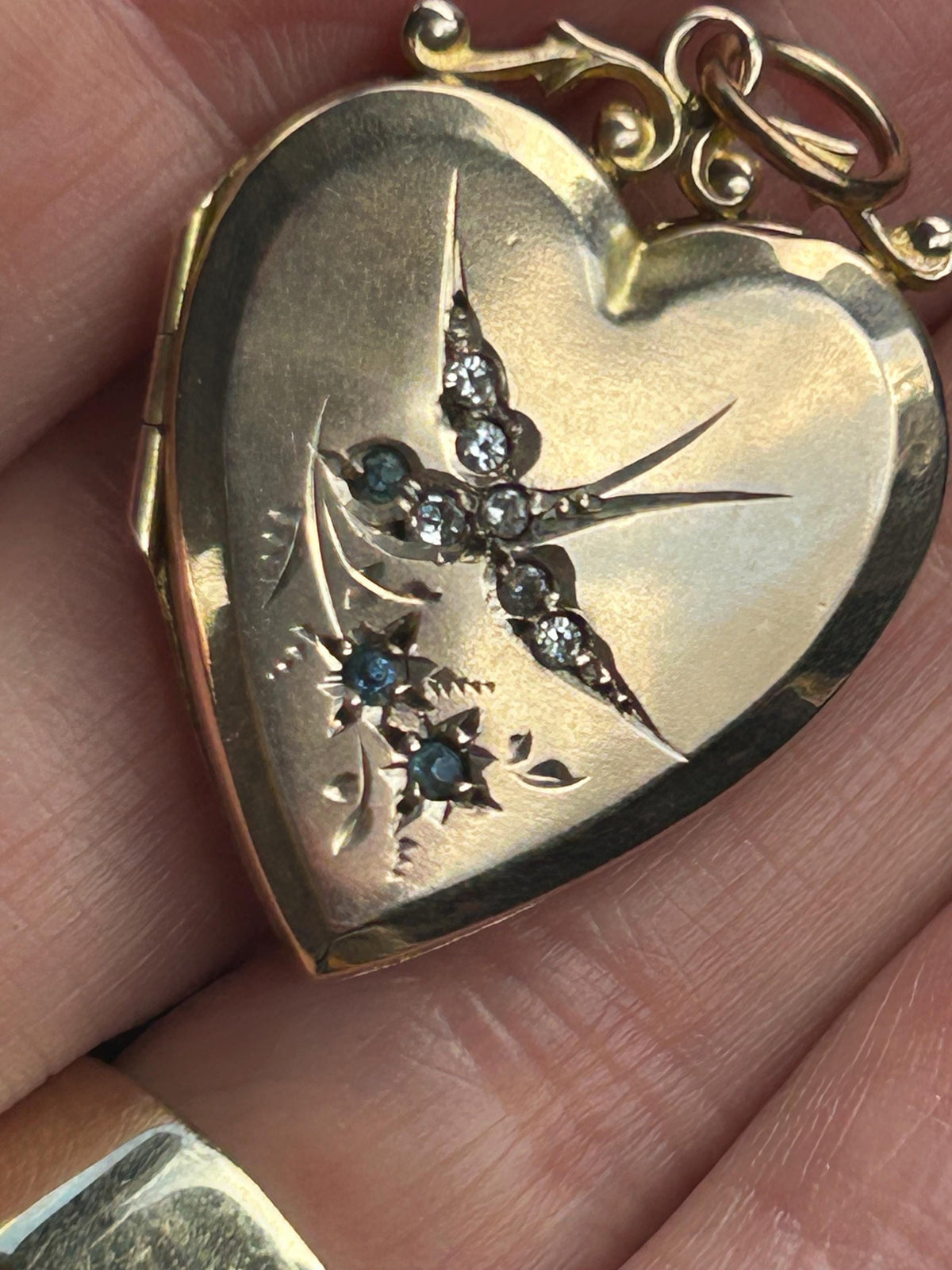 Victorian 9ct Gold Paste Swallow Heart Locket Pendant - Antique Jewelry