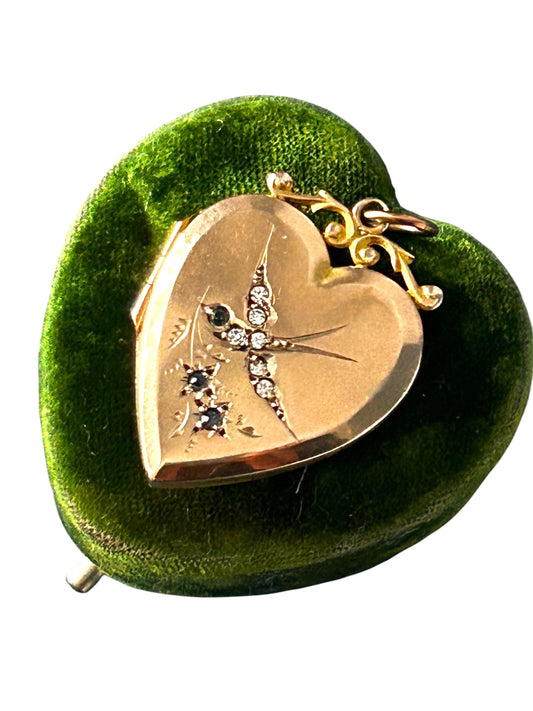 Victorian 9ct Gold Paste Swallow Heart Locket Pendant - Antique Jewelry