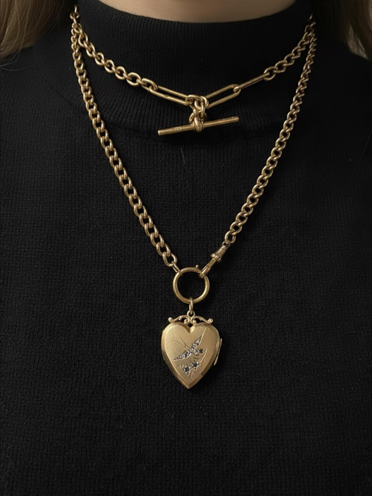 Victorian 9ct Gold Paste Swallow Heart Locket Pendant - Antique Jewelry