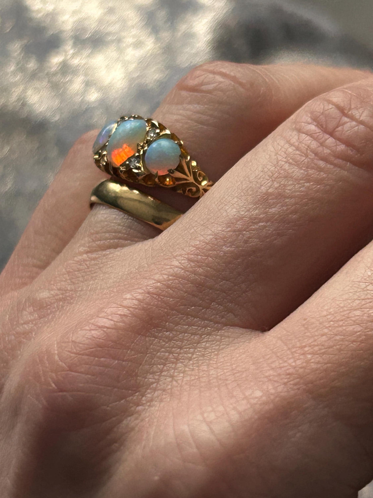Edwardian Opal and Diamond Trilogy Ring UK N / US 7