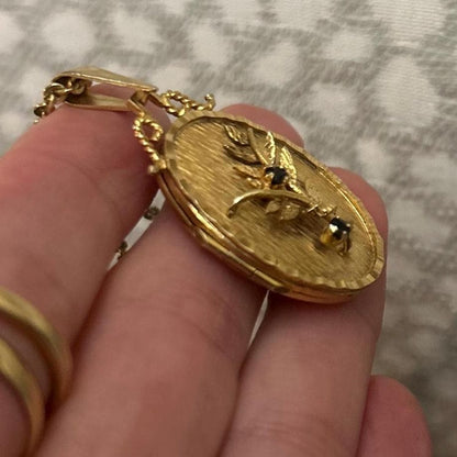 Mid-Century 9ct Solid Gold Floral Sapphire Locket Pendant Photo Keepsake