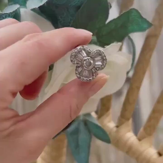 Vintage Sterling Silver Art Nouveau Inspired Flower Ring Crystal 90s Statement Ring