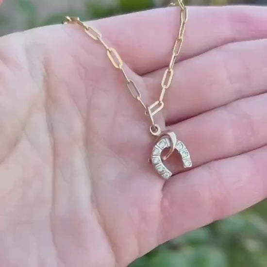 Vintage 14ct Gold Horseshoe and Whip White Gem Charm Jewellery - Equestrian Gift