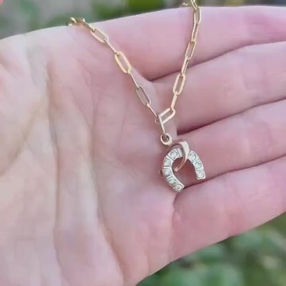 Vintage 14ct Gold Horseshoe and Whip White Gem Charm Jewellery - Equestrian Gift