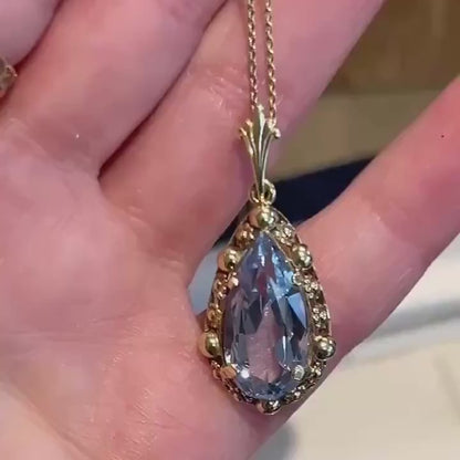 Vintage Mid-Century 14ct Gold Large Aquamarine Pendant with Chain