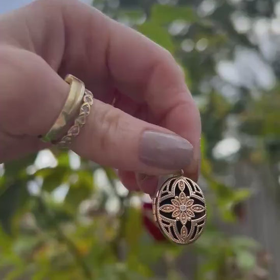 Vintage Gold Locket Filigree with crystal,  9ct Gold Locket Photo Pendant: Birmingham Mark, Sentimental Keepsake, Pretty Dainty Jewellery