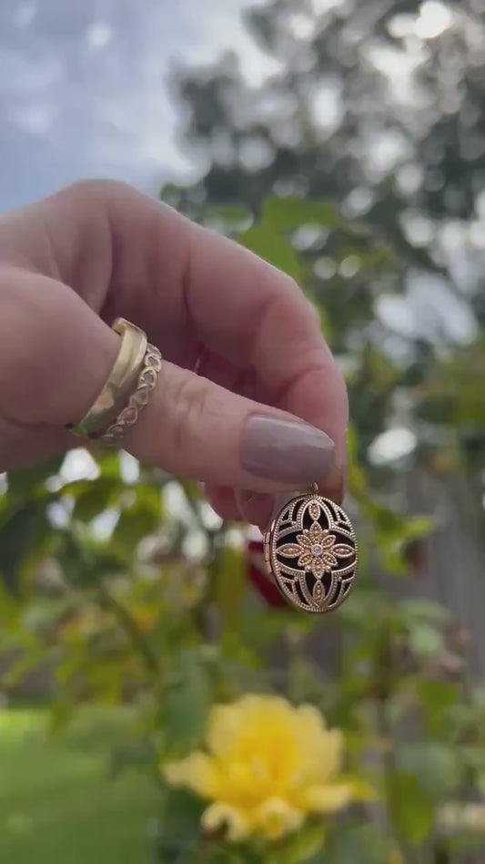 Vintage Gold Locket Filigree with crystal,  9ct Gold Locket Photo Pendant: Birmingham Mark, Sentimental Keepsake, Pretty Dainty Jewellery