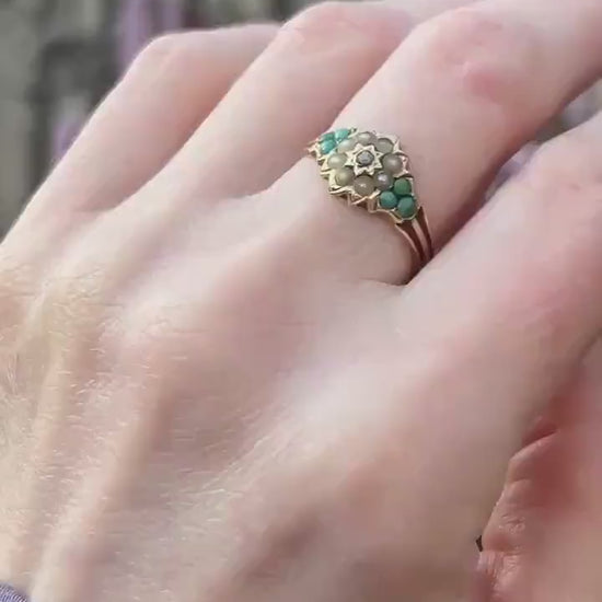 Antique - Rare Victorian 15ct Gold Turquoise and Seed Pearl Rose Cut Diamond Dainty Star Ring