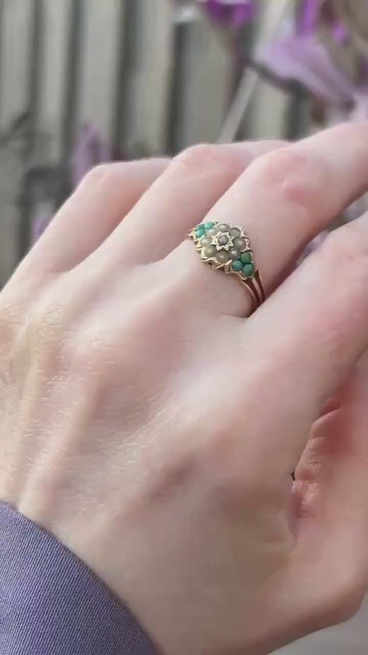 Antique - Rare Victorian 15ct Gold Turquoise and Seed Pearl Rose Cut Diamond Dainty Star Ring