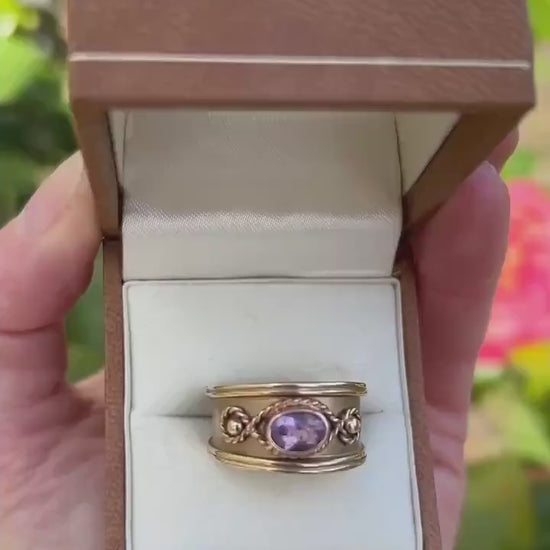 Vintage 9ct Gold Early 1990s Clogau Amethyst Wide Band Ring Byzantine Style - Welsh Gold Ring Size Q / 8.5 Heirloom Estate Jewelry