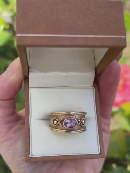 Vintage 9ct Gold Early 1990s Clogau Amethyst Wide Band Ring Byzantine Style - Welsh Gold Ring Size Q / 8.5 Heirloom Estate Jewelry