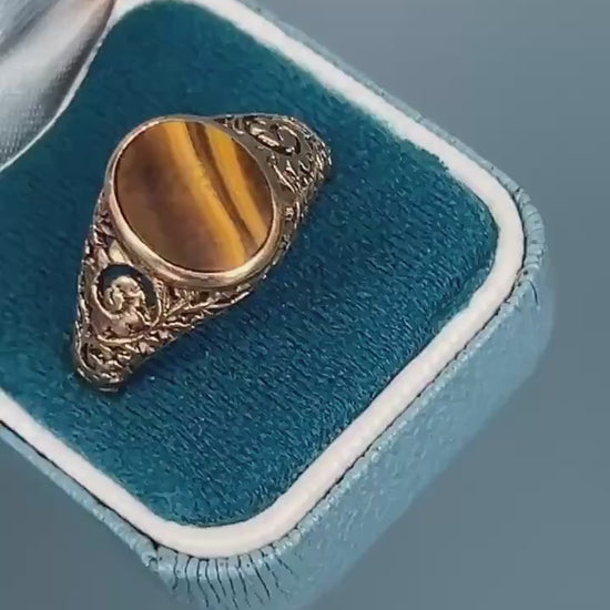 Vintage 9ct Gold Tigers Eye Signet Ring Size V / 11 - Mens Jewelry
