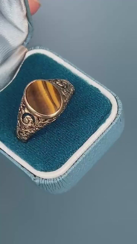 Vintage 9ct Gold Tigers Eye Signet Ring Size V / 11 - Mens Jewelry
