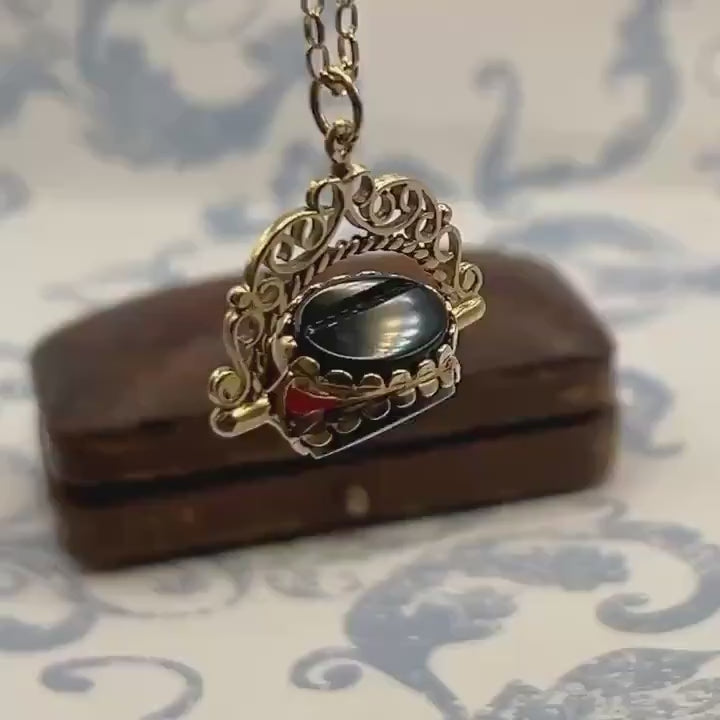 Vintage 9ct Gold Spinning Fob Agate, Onyx and Bloodstone Pendant / Charm