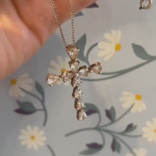 Vintage Jewellery - Sterling Silver Large Cross Pendant Necklace Heart Shaped White Crystals, Italy 1960