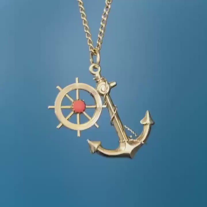 Mid-Century Vintage Anchor and Wheel with Coral Pendant - 9ct and 18ct Gold Nautical Jewellery