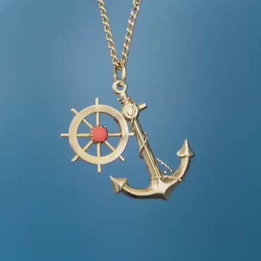 Mid-Century Vintage Anchor and Wheel with Coral Pendant - 9ct and 18ct Gold Nautical Jewellery