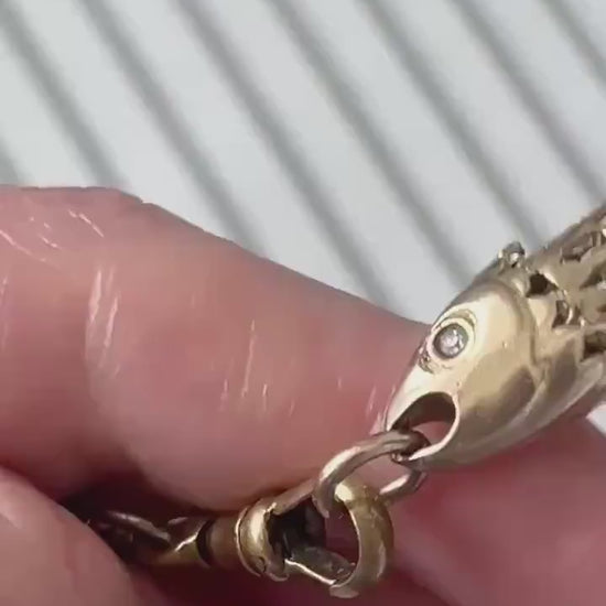 Antique 1921 9ct Gold Articulated Fish with Diamond Pendant - Lucky Charm