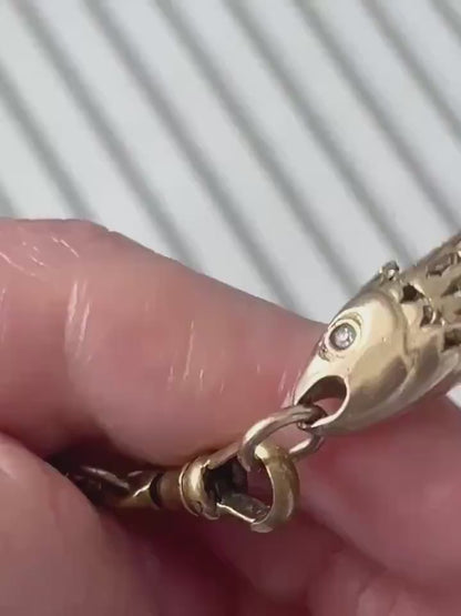 Antique 1921 9ct Gold Articulated Fish with Diamond Pendant - Lucky Charm
