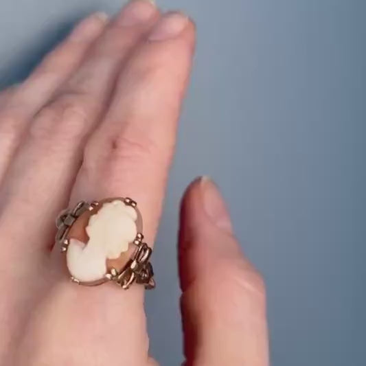 Victorian 9ct Yellow Gold Victorian Cameo Ring, Antique Jewelry - Bow Cameo Stunning Detail, Shell Cameo Ring Size R / 9
