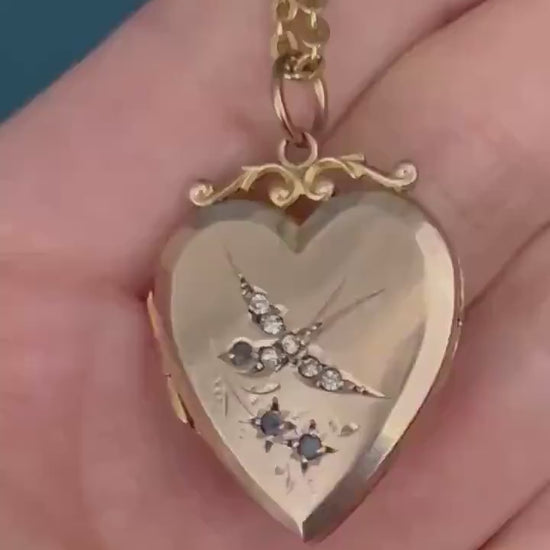 Victorian 9ct Gold Paste Swallow Heart Locket Pendant - Antique Jewelry
