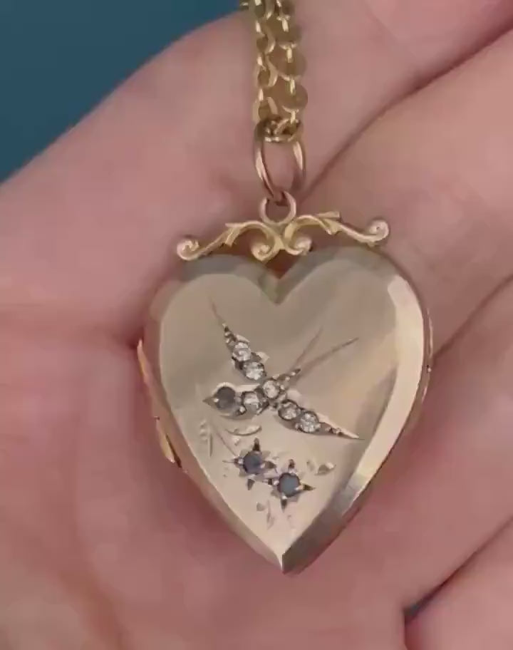 Victorian 9ct Gold Paste Swallow Heart Locket Pendant - Antique Jewelry