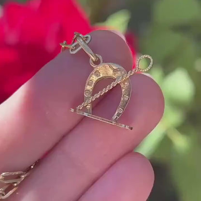 Vintage 18ct Gold Equestrian Charm - Lucky Horseshoe and Whip Pendant