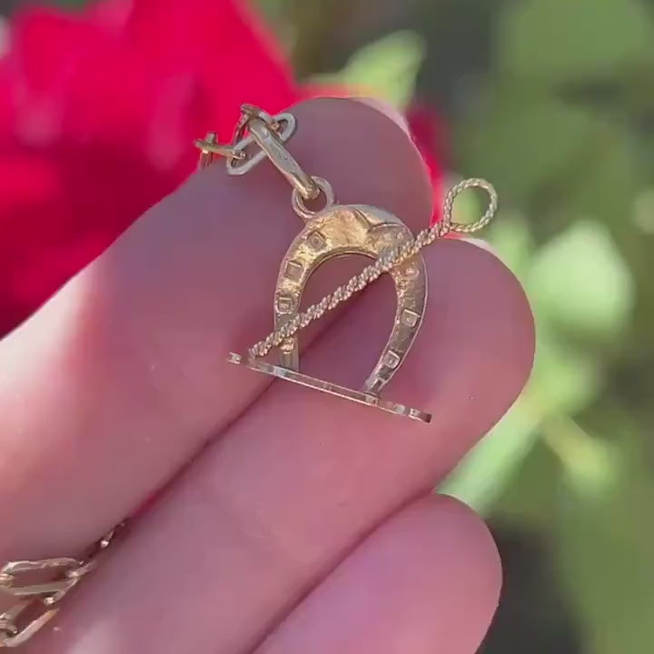 Vintage 18ct Gold Equestrian Charm - Lucky Horseshoe and Whip Pendant
