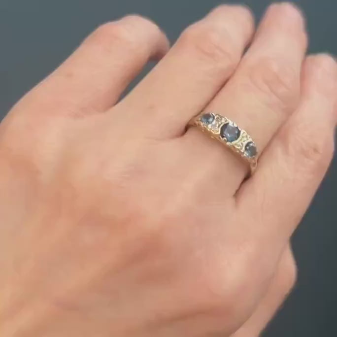 Vintage Half Eternity Blue Topaz & Diamond 9ct Yellow Gold Ring - Stack Ring 9k Size M / 6.5