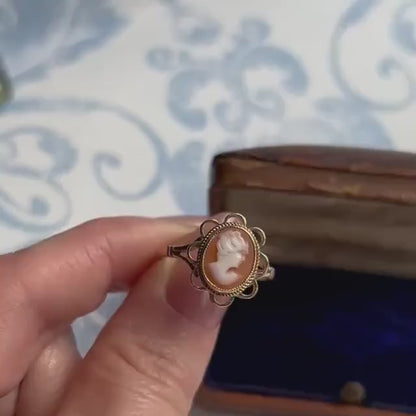 Vintage Cameo Ring: 9ct Gold Carved Shell, Floral Border, Mid- Century 9k Ring, Stunning detail of Lady with Bun and Shoulders, Dainty Ring