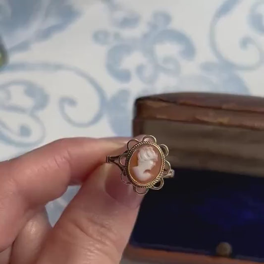 Vintage Cameo Ring: 9ct Gold Carved Shell, Floral Border, Mid- Century 9k Ring, Stunning detail of Lady with Bun and Shoulders, Dainty Ring