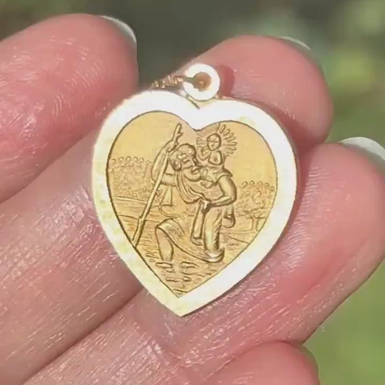 Vintage 9ct Gold St Christopher Heart Pendant Religious Charm