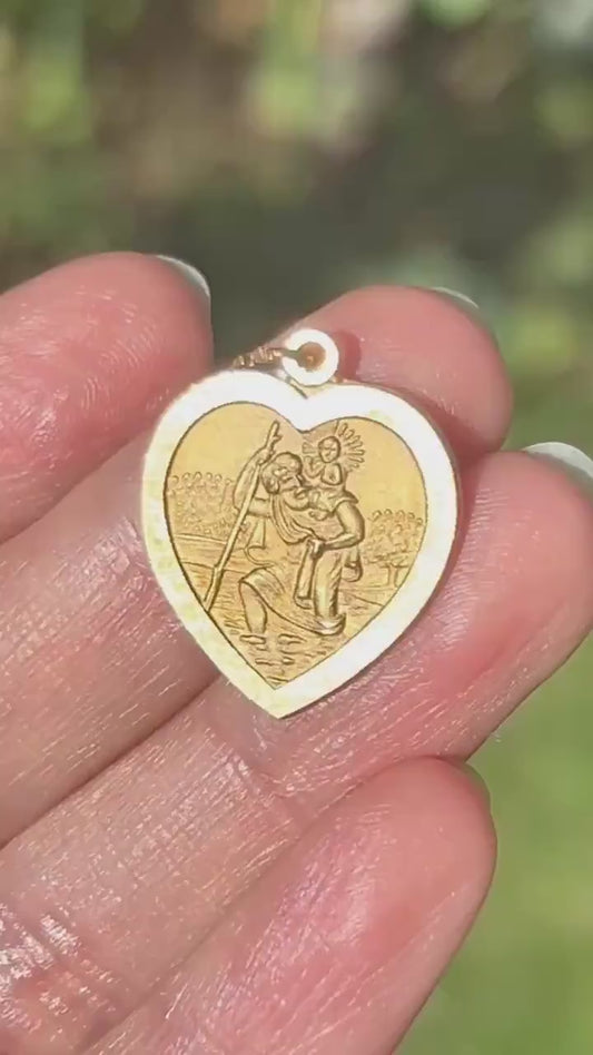 Vintage 9ct Gold St Christopher Heart Pendant Religious Charm