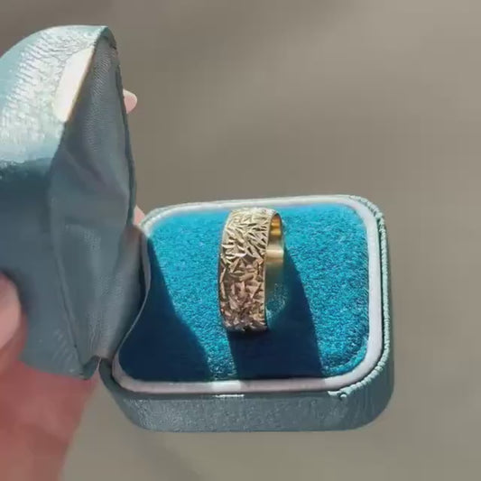 Vintage Diamond Cut 9ct Yellow Gold Wedding Band - UK Size O / US 7.5, Unusual design wide band, Eye-Catching Statement jewellery England.