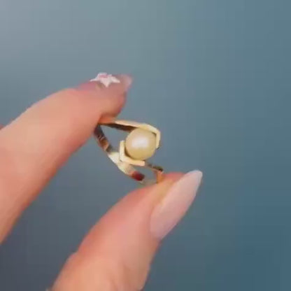Stunning Vintage Mid-Century Natural Pearl 9ct Yellow Gold Ring size 9, English Gold Jewelry, Real Champagne Pearl Ring 9k Gold Bridal