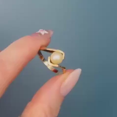 Stunning Vintage Mid-Century Natural Pearl 9ct Yellow Gold Ring size 9, English Gold Jewelry, Real Champagne Pearl Ring 9k Gold Bridal