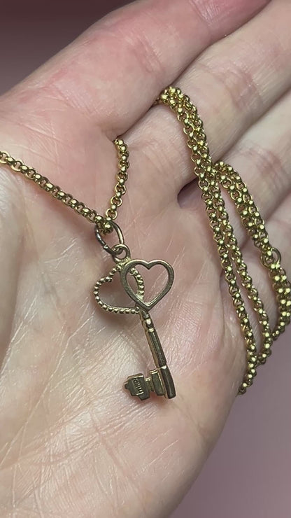 Antique (1927) 9ct Gold Double Heart Key Charm Pendant - Collectors Charms 9k Gold