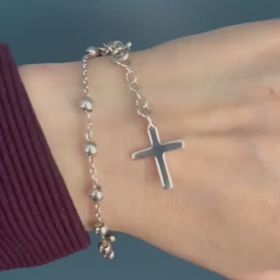 Real Silver Beaded Cross Charm Bracelet, Stunning Christian Jewellery Cross Dangle Charm, Pretty Christmas Gift Jewelry, Silver Cross Charm