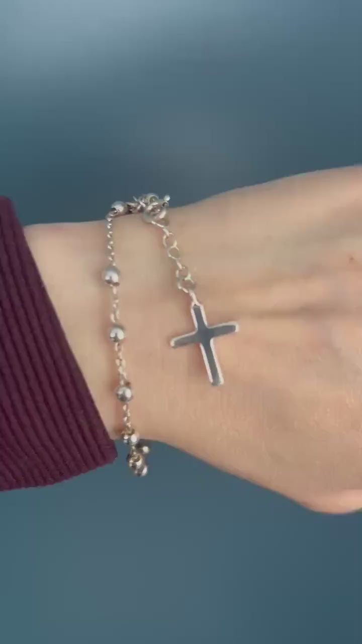Real Silver Beaded Cross Charm Bracelet, Stunning Christian Jewellery Cross Dangle Charm, Pretty Christmas Gift Jewelry, Silver Cross Charm