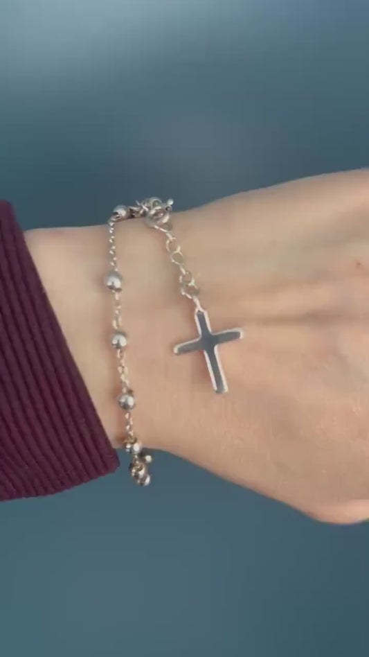 Real Silver Beaded Cross Charm Bracelet, Stunning Christian Jewellery Cross Dangle Charm, Pretty Christmas Gift Jewelry, Silver Cross Charm