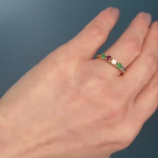 Vintage 18ct Gold Half Eternity Ring | Diamond, Ruby, Sapphire & Emerald Band, Stacking Ring Multi Gem Band, Dainty Jewelry Size K / 5.5