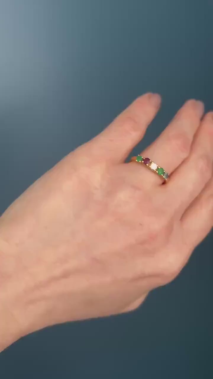 Vintage 18ct Gold Half Eternity Ring | Diamond, Ruby, Sapphire & Emerald Band, Stacking Ring Multi Gem Band, Dainty Jewelry Size K / 5.5