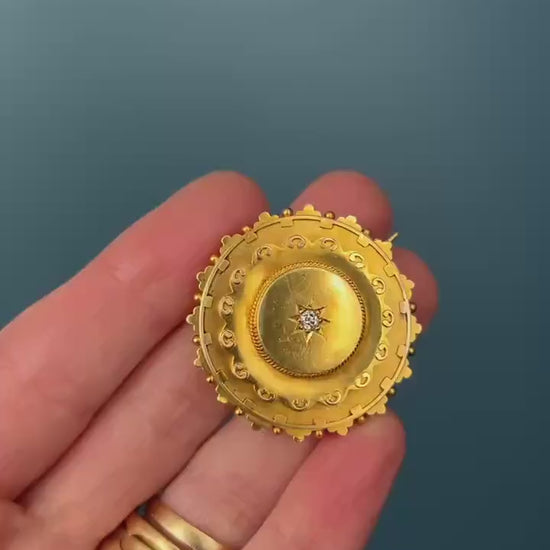 Antique Victorian Mourning Brooch | 15ct Yellow Gold | Old Cushion Cut Diamond | Star Set | Late 19th Century Jewellery